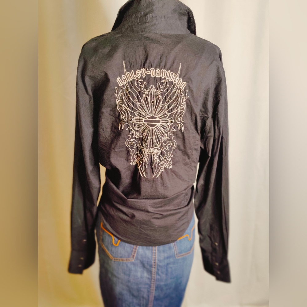 Harley Davidson embroidery Pearl Snap button front Blouse stones boho Biker M